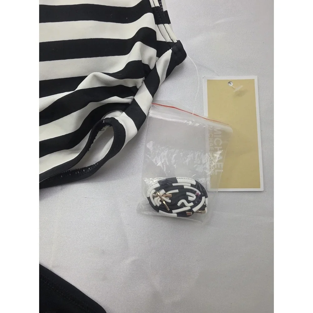 Michael Kors One Piece Swimsuit Cut Out Black‎ White Stripe Zip Size 6 NWT